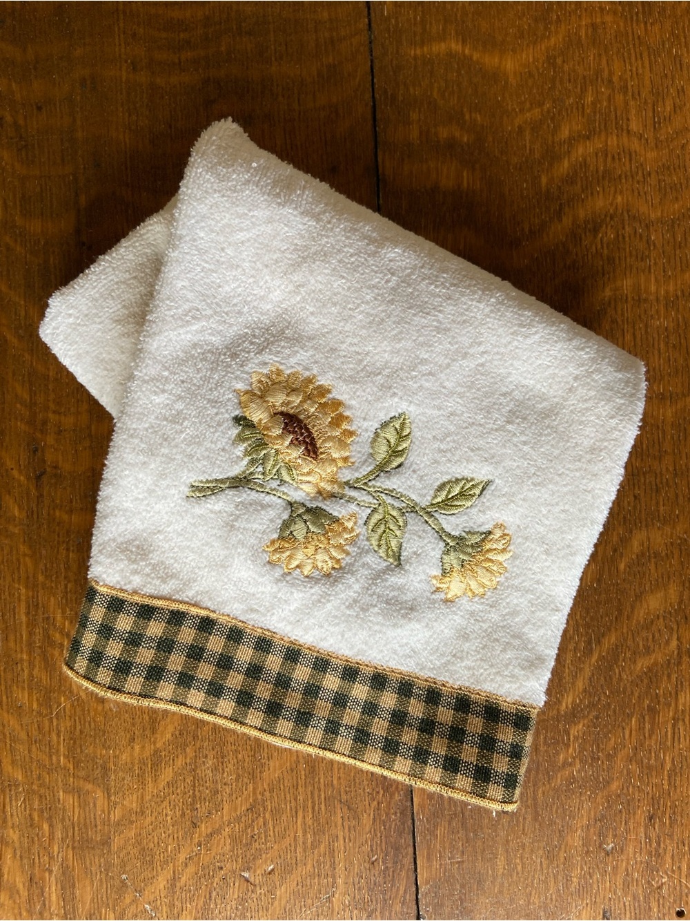 VTG 90s Sunflower Bath Towel Set Gingham Trim Embroidered Avanti Farmhouse - Picture 5 of 12